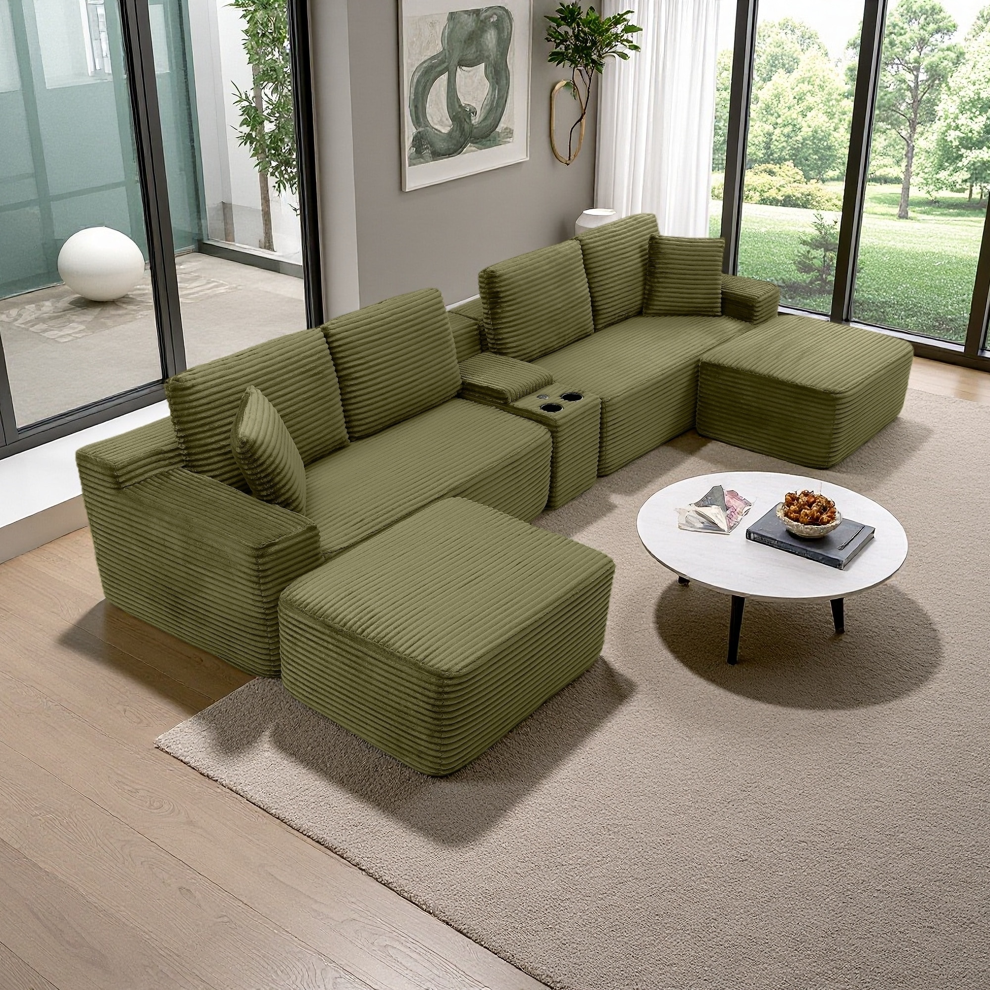 150" Oversized Corduroy U-Shaped Modular Sectional Sofa with Deep Seat & USB