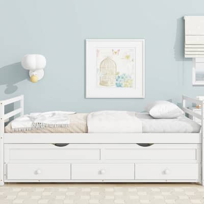 Twin Bed with Trundle and Storage Drawers - Classic Design, Solid Pine Wood with Headboard & Footboard