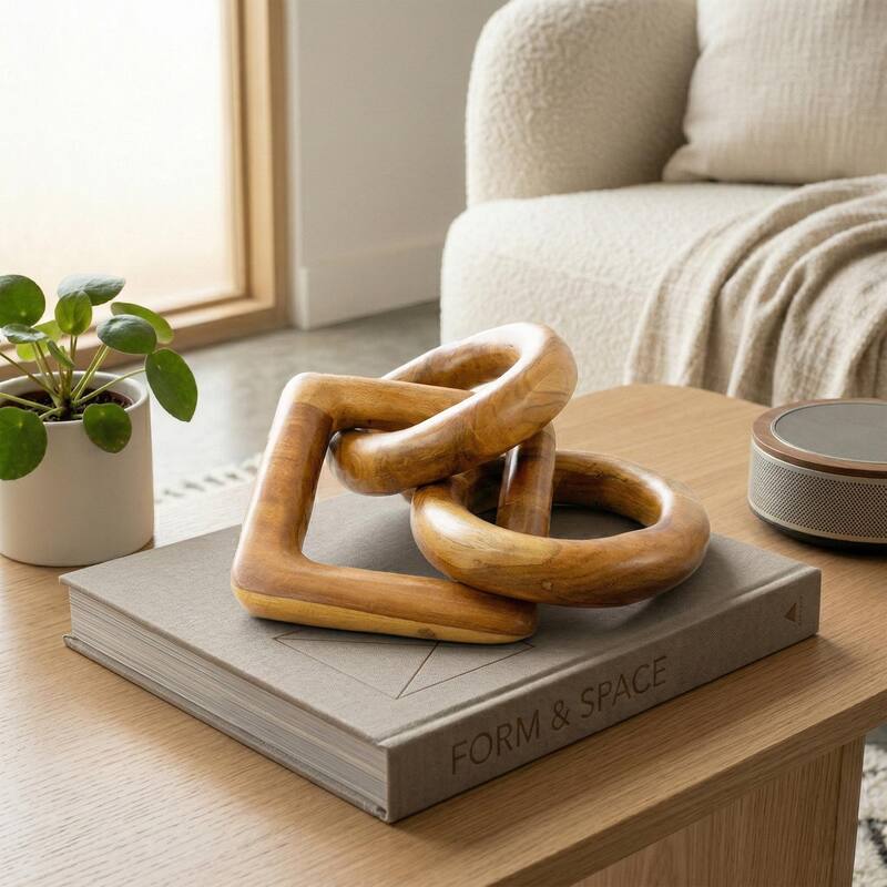 Wood Chain Link Sculpture - Hand Carved 2 Round 1 Square Link Decor, Rustic Modern Accent