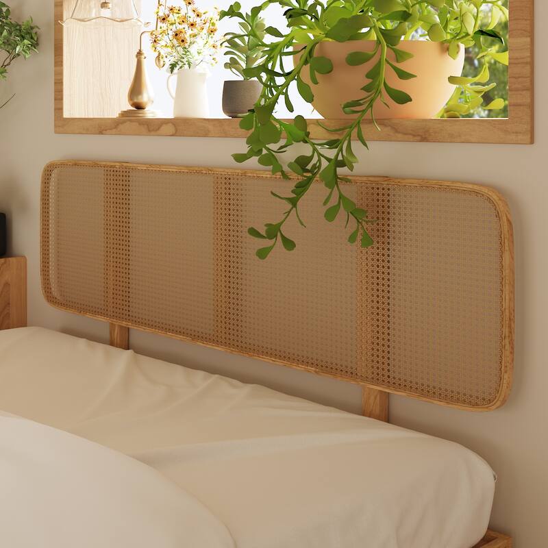 Solid Wood Platform Bed Frame with Rattan Headboard, 600 lbs Heavy Duty Support, Plywood Slats Queen / Full Size