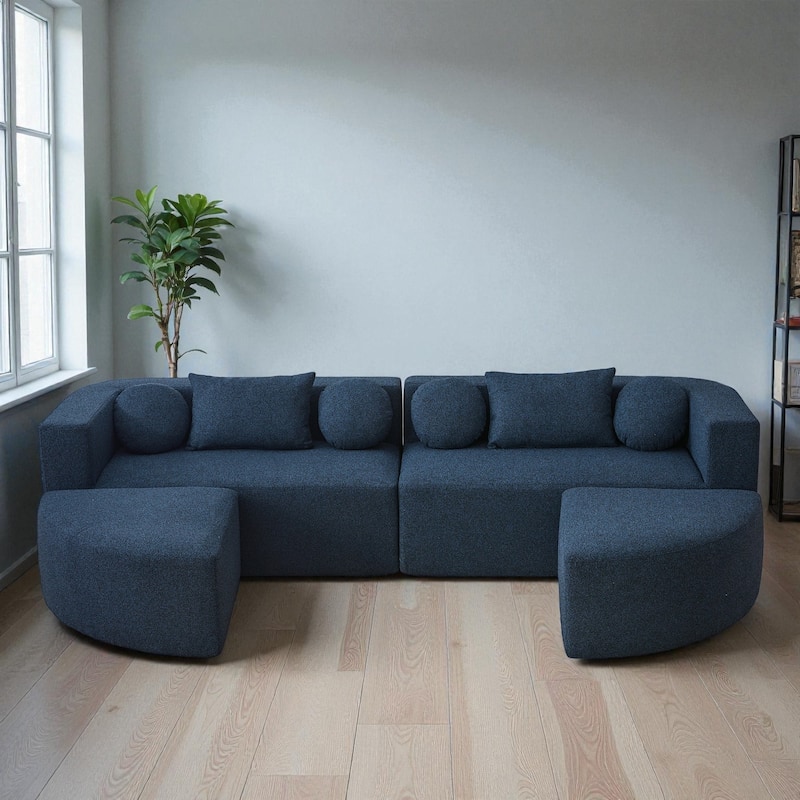 114.9" Modular Sectional Boneless Couch Sofa Bed with Deep Seats and Curved Design, Boucle Upholstered Sofa for Living Room - Blue