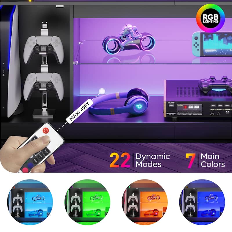 Bestier 57 in. TV Stand Fit TV Up to 65 in., LED Entertainment Center with Cabinet and Adjustable Shelf