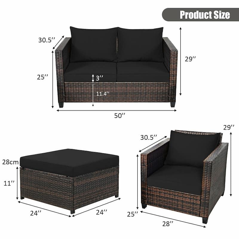 5 Pieces Patio Cushioned Rattan Furniture Set - 50" x 30.5" x 29" (L x W x H)