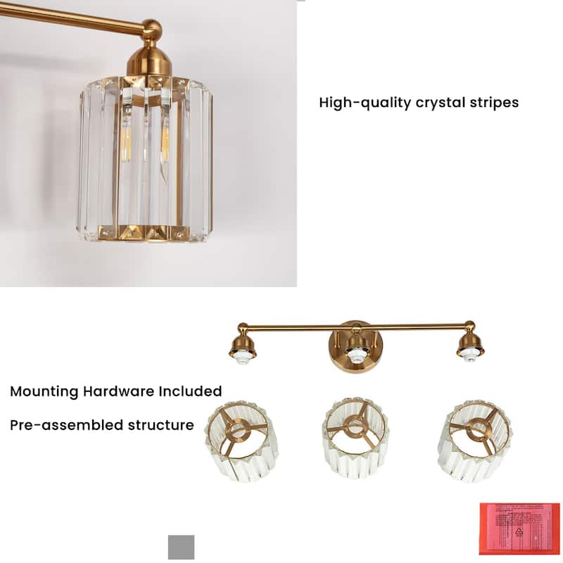 Modern Glam Crystal 3-Light Gold Bathroom Vanity Lights Dimmable Plating Brass Wall Sconce