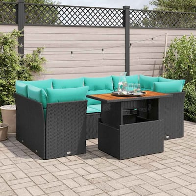 vidaXL 7 Piece Patio Sofa Set with Cushions Black Poly Rattan - 21.7" x 24.4" x 27.2"