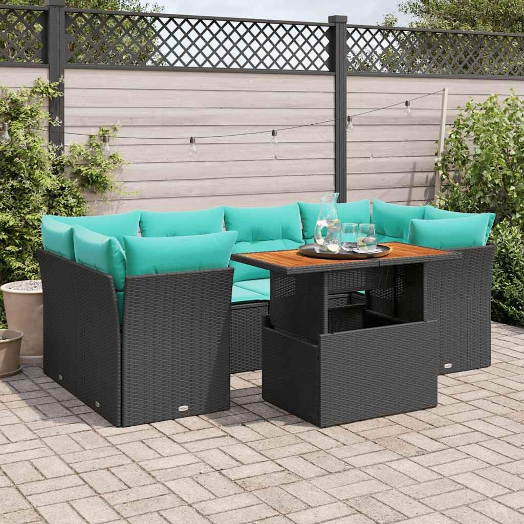 vidaXL 7 Piece Patio Sofa Set with Cushions Black Poly Rattan - 21.7" x 24.4" x 27.2"