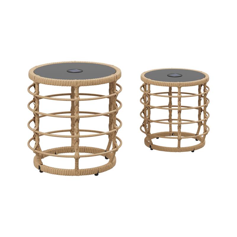 Topped Rattan End Table,Glass Top & Solar Ambient Light,Ideal for Outdoor Bar & Restaurant Ambiance