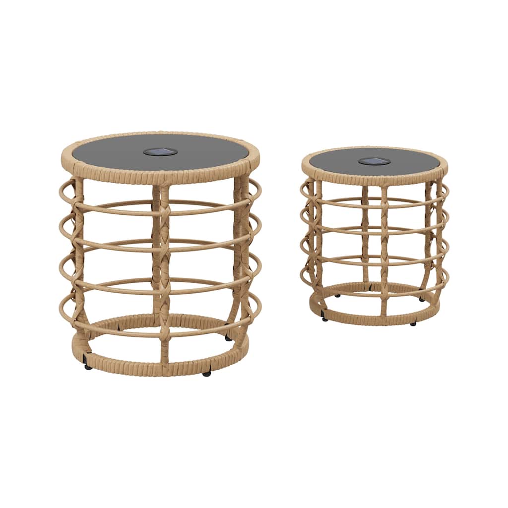 Topped Rattan End Table,Glass Top & Solar Ambient Light,Ideal for Outdoor Bar & Restaurant Ambiance