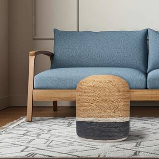 HomeRoots 18" Natural And Gray Jute Blend Cylinder Striped Pouf Ottoman