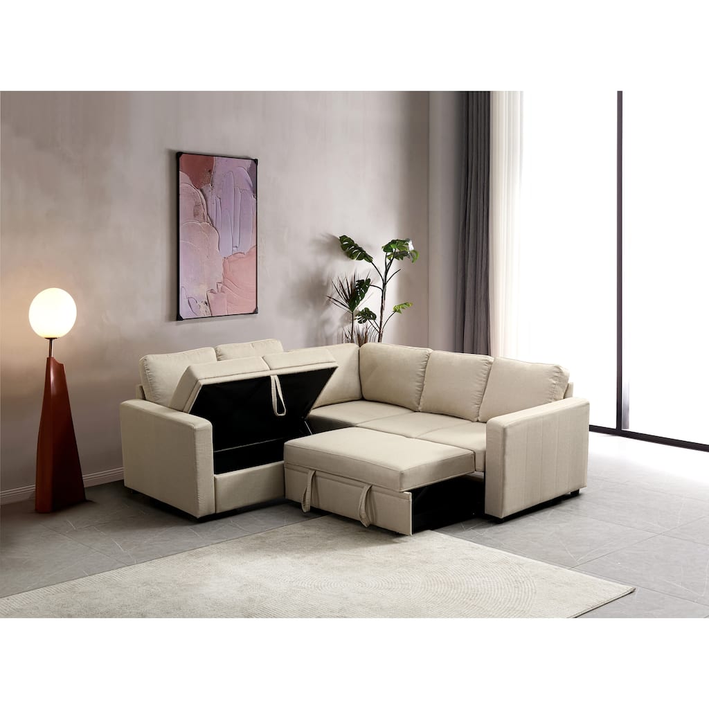 Sectional Sofa Bed, Beige, Polyester, 82x82x35 inches - Space-saving & Easy Install