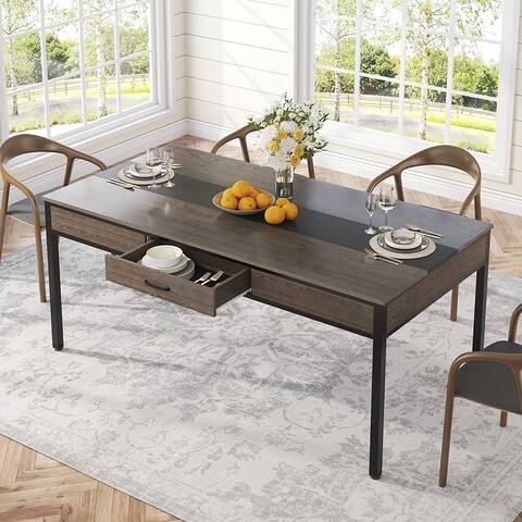 Dining Table for 6 People, Wood Dining Room Table with Big Drawer
