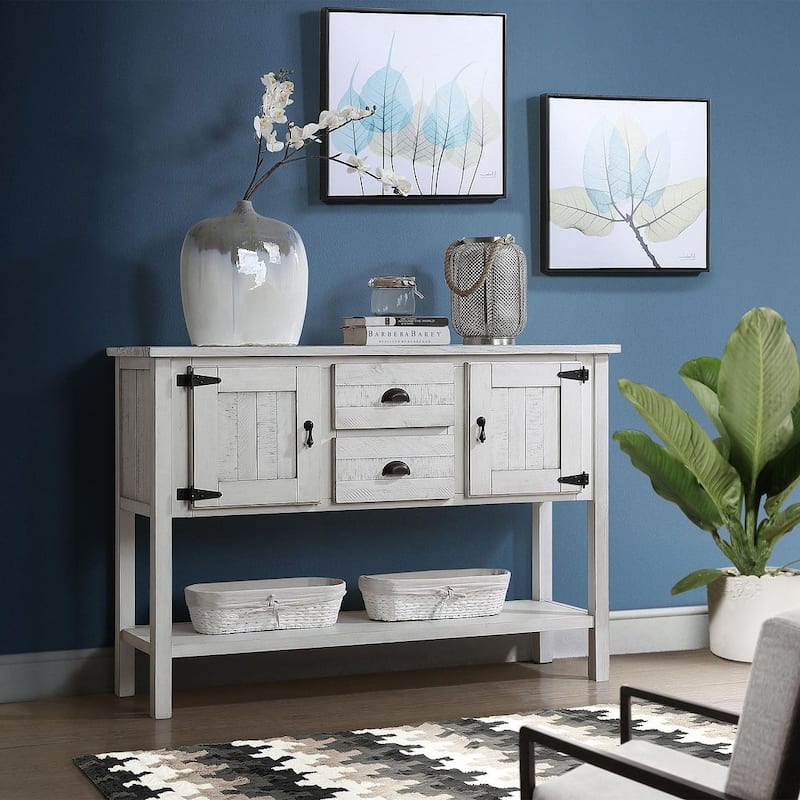 48" Solid Wood Hall Table Console with 2 Drawers and Cabinets and Bottom Shelf