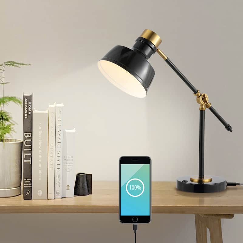 Odile 18.5" Classic Farmhouse Adjustable Cantilever LED Task Lamp with USB Charging Port, by JONATHAN Y