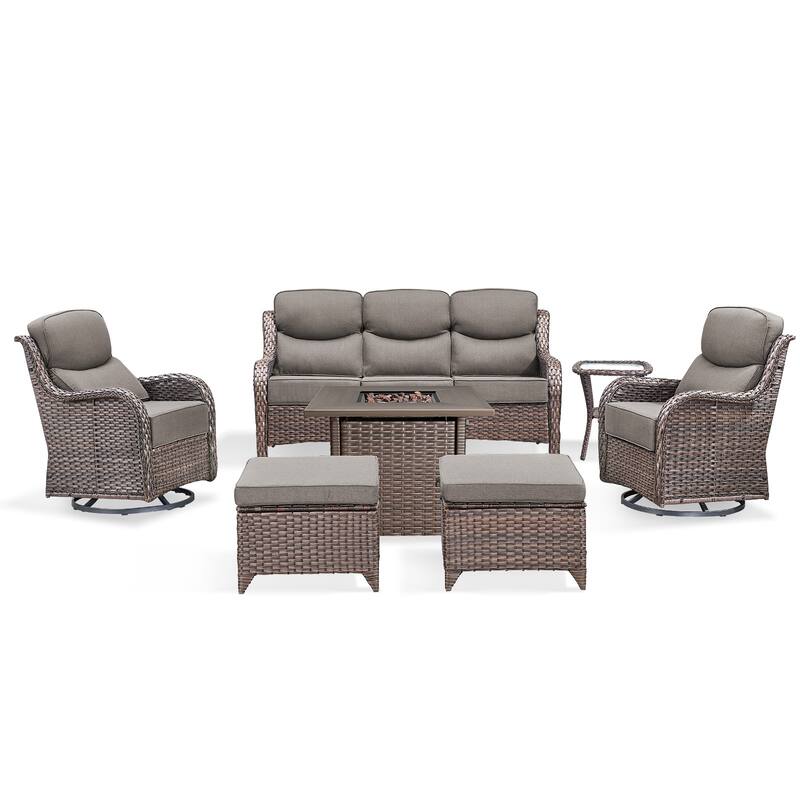 Pocassy 7 Pieces Outdoor 6" Sofa Swivel Chair Ottoman with Fire Pit Table