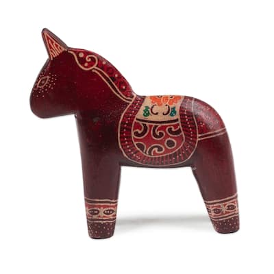 Novica Handmade Crimson Horse Wood Batik Sculpture