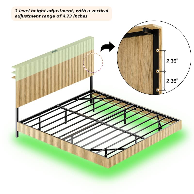 Floating Platform Bed with Charging Station and LED Lights, Wavy Headboard, Heavy-Duty Metal Slats, No Box Spring Required