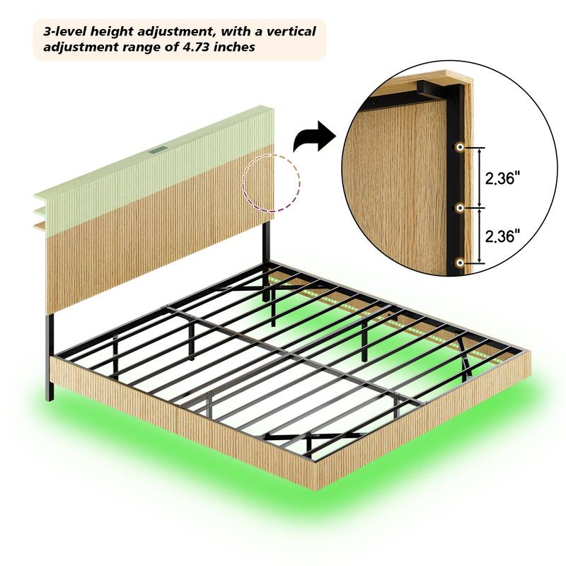 King Wavy Platform Bed Frame, Headboard with Charging Station/Modern Floating Bed with LED Light Strip/Metal Structural Support