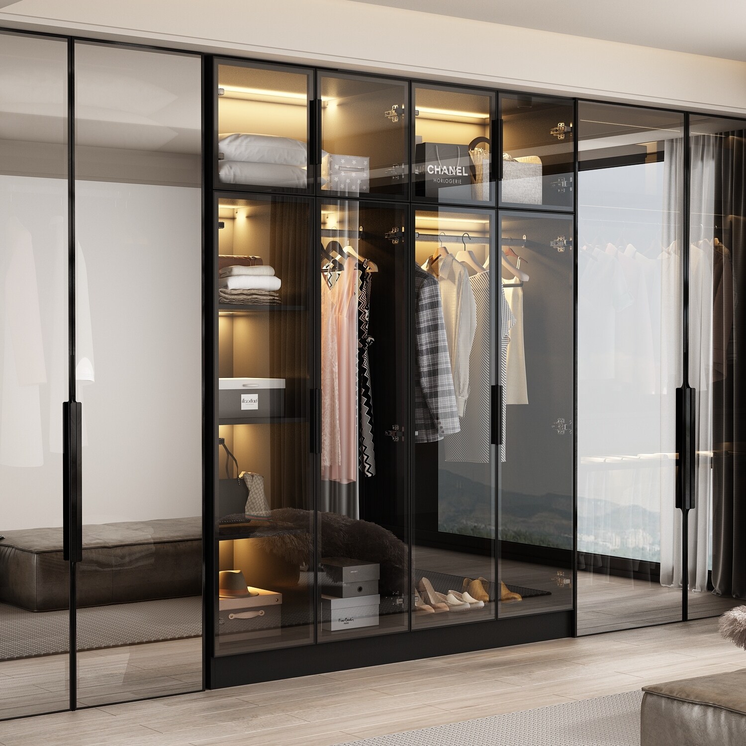 Sleek Bedroom Wardrobe with Three-Color LED Closet Cabinet