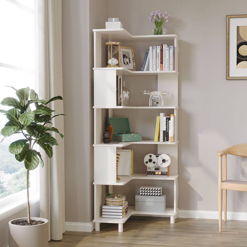 Tall Corner Bookshelf, 6-Tier Oak Storage Rack for Small Space - White
