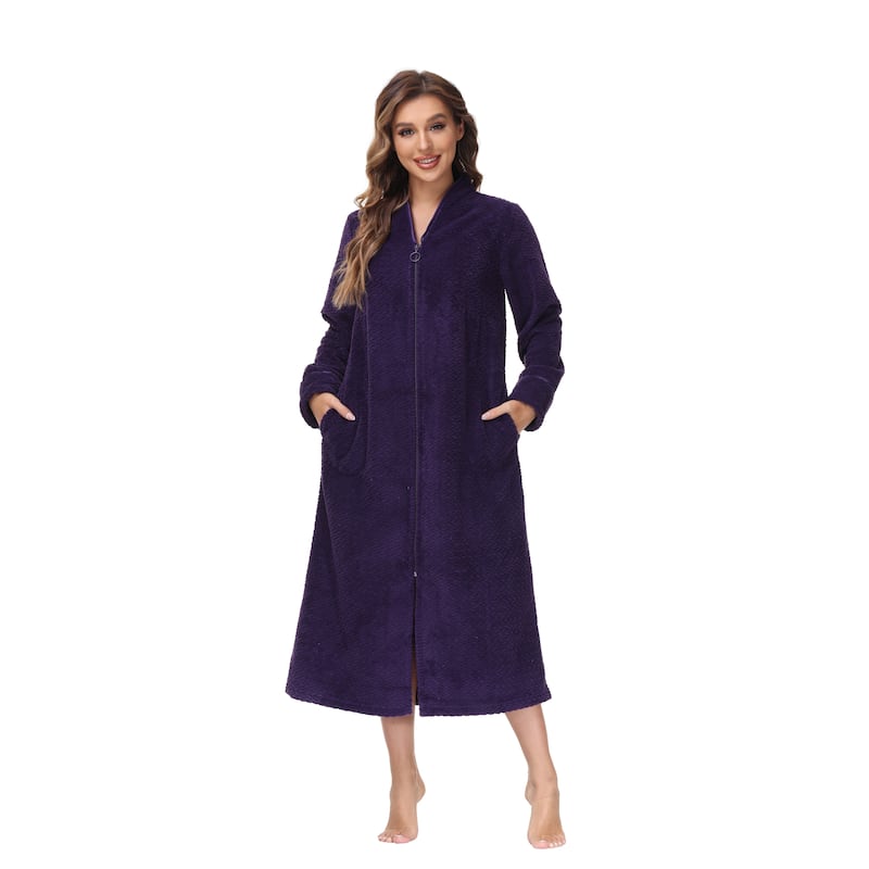 INK+IVY Women's Zip Front Embossed Plush Bathrobe - L - Rich Concord