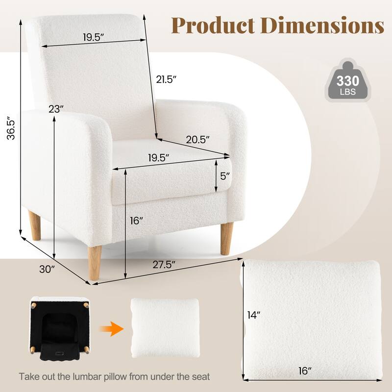 White Teddy Fleece Accent Chair with Lumbar Pillow and Wood Legs - 27.5" × 30" × 36.5"