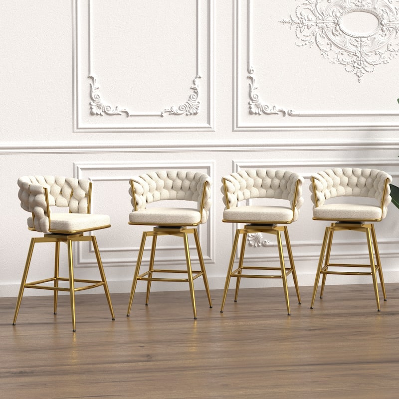Woven Bar Stool Set of 2, Upholstered Swivel Bar Stool with Back, Kitchen Island Chairs with Footrest and Golden Legs