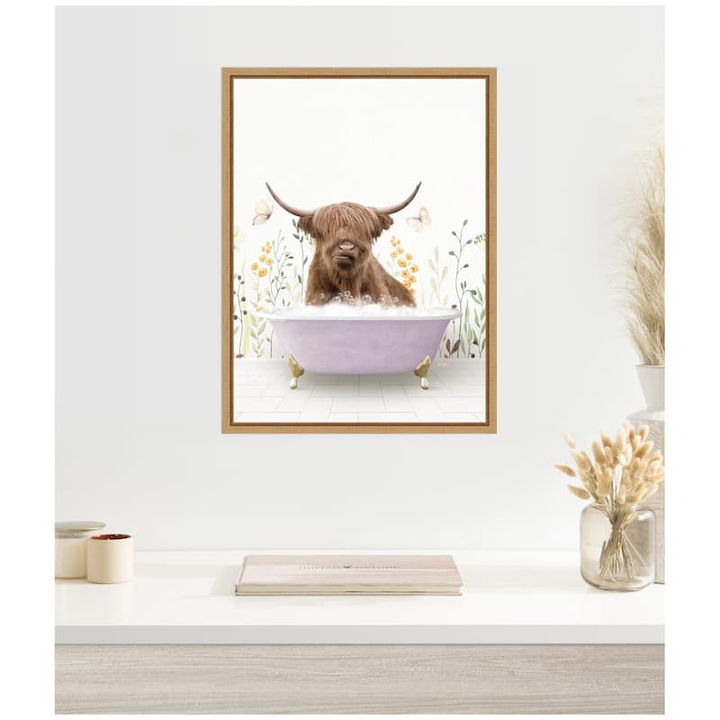 Kate and Laurel Sylvie Highland Cow in Spring Bathtub Framed Canvas by Amy Peterson