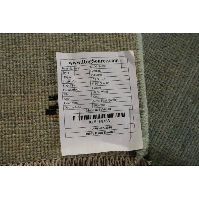 Gabbeh Modern Rug Hand-Knotted Green Wool Carpet - 4'0" x 5'10"