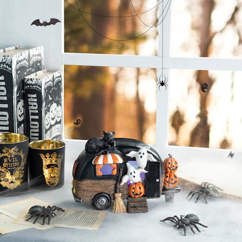 Glitzhome 9.25''L Halloween Polyresin Lighted Camper with Ghost & Pumpkin & Black Cat Table Decor
