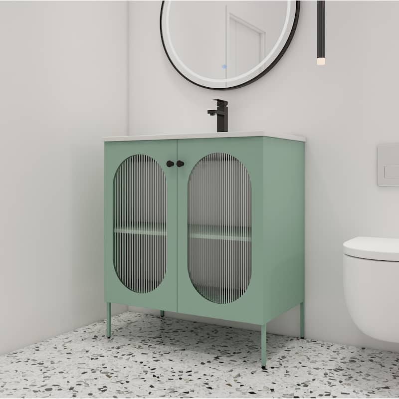 Malwee 30" FreeStanding Bathroom Vanity, Floor Stand Bathroom Vanity with Ceramic Sink,Soft Close Door and Adjustable Shelf - Mint Green
