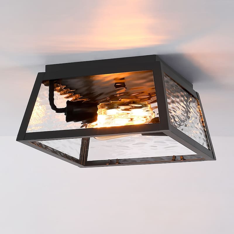 2-Light Black Outdoor Farmhouse Flush Mount Ceiling Light with Clear Water Glass