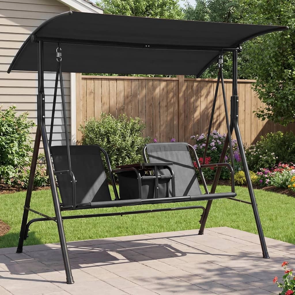 2 Person Porch Swing with Cup Holders with Adjustable Canopy for Backyard Balcony Poolside