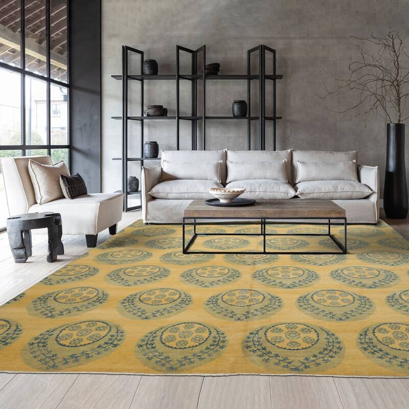 8x9'4'' Tibetan Floral Hand Knotted Light Gold Wool Area Rug - 8' x 9' 4''