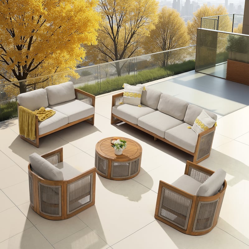 Outdoor 5-Piece Wooden Sofa Conversation Set,Free Combination