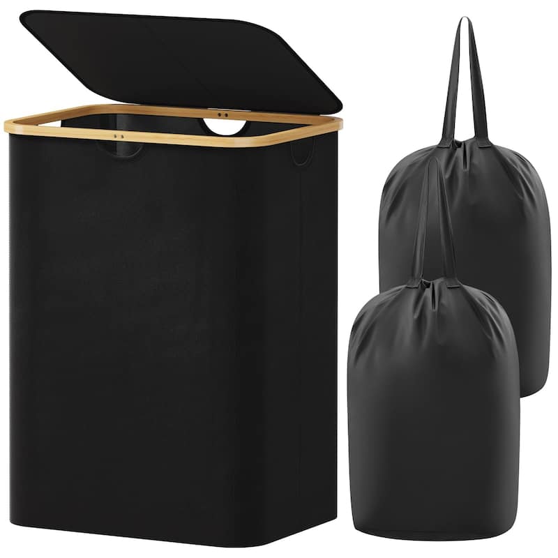 150L Laundry Basket with Lid, Clothes Hampers with Bamboo Handles and 2 Removable Laundry Bags,Large Foldable Laundry Hamper - Black