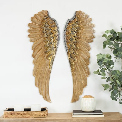 Gold Wooden Carved Angel Wings Bird Home Wall Decor with Gold Accents (Set of 2)