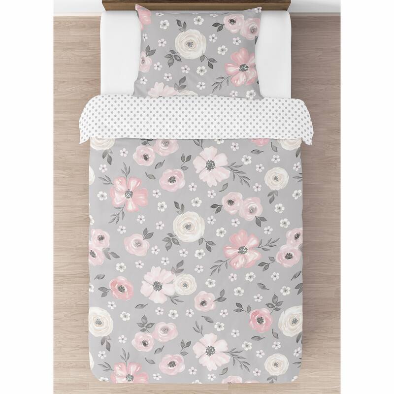 Grey Watercolor Floral Girl 2pc Twin-size Comforter Set - Blush Pink Gray White Shabby Chic Rose Flower Polka Dot Farmhouse