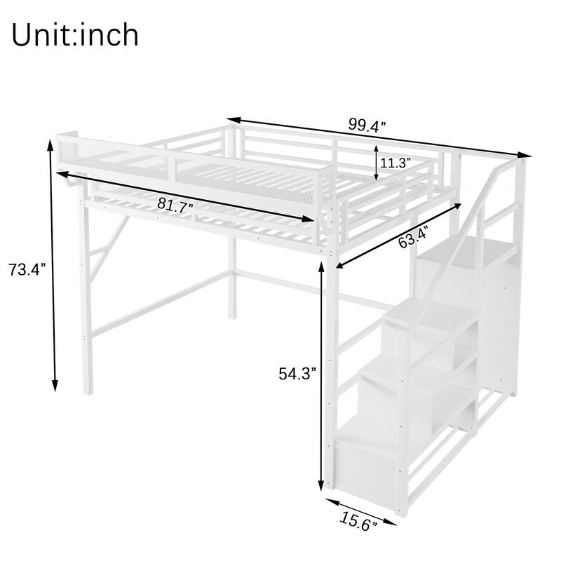 Metal Loft Bed with Wooden Stairs Built-in Storage Shelves and Wardrobe, High Loft Bed Frame with Side Grid Storage Rack