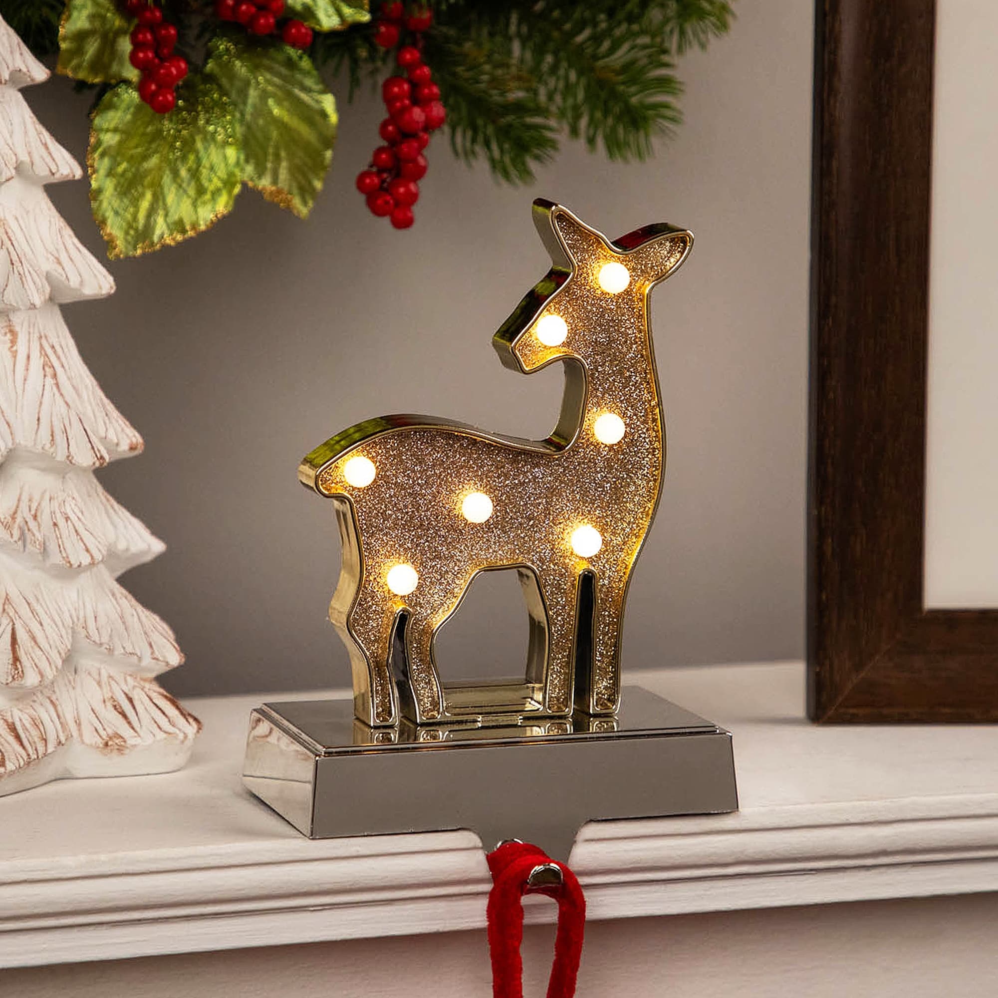 LED Lighted Glittered Reindeer Christmas Stocking Holder - 7" - Gold