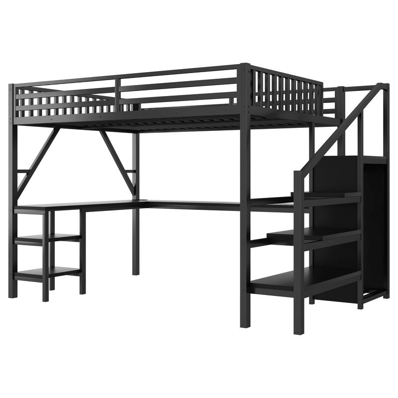 Roomfitters Full/Queen Loft Platform Bed, L-Shaped Desk and LED Wardrobe with Metal Frame for Bedroom or Guest Room