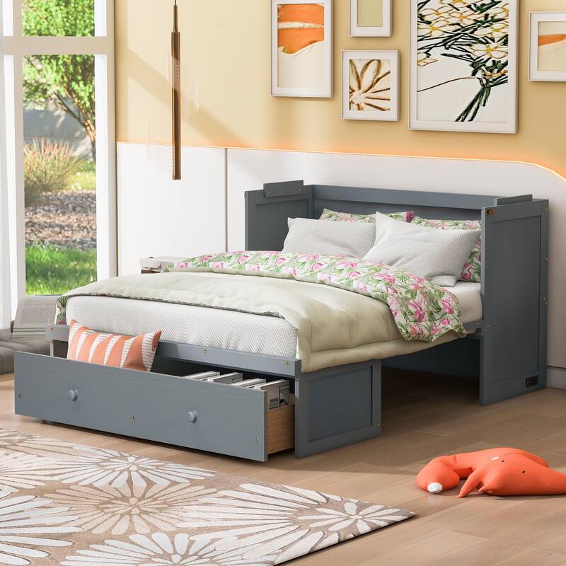 Full Size 2-in-1 Murphy Bed Cabinet with Space Saving Design with Built in USB/Power Outlets, Large Storage Drawer
