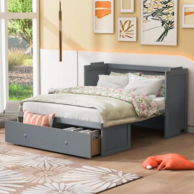 Wood Murphy Chest Bed Frame with Drawer and Charging Station, Space Saving Hidden Folding Cabinet Bed