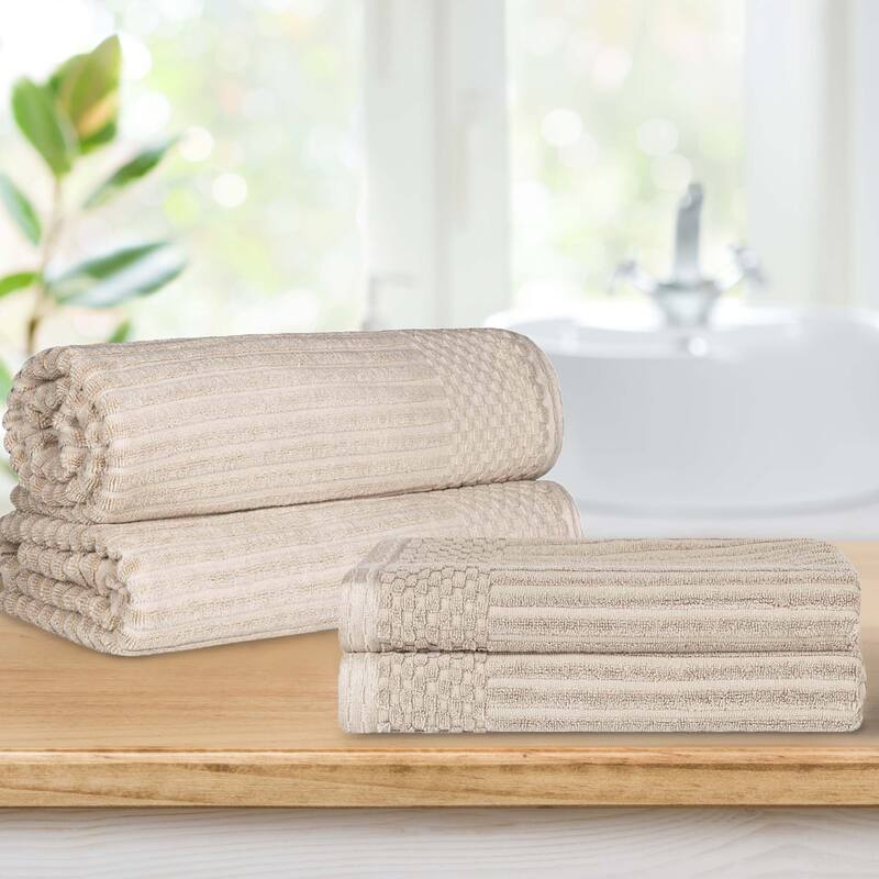 Superior Ribbed Cotton Absorbent Heavyweight Bath Sheet and Bath Towel Set - Ivory