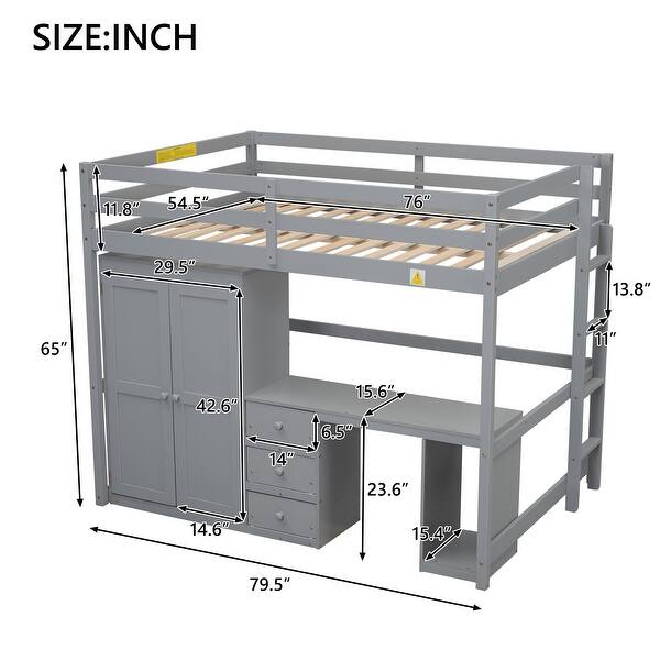 Full Size Loft Bed with Wardrobe, Desk and Storage Drawers, Grey