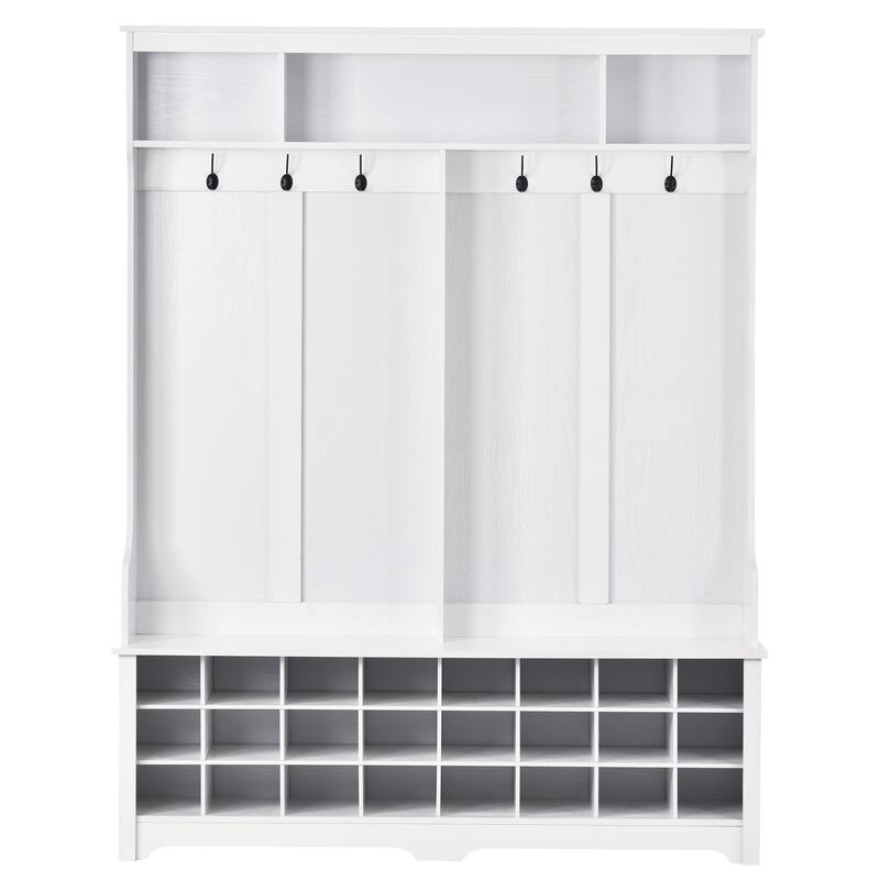 60" Wide White Hall Tree with 24 Shoe Cubbies, Metal Black Hooks