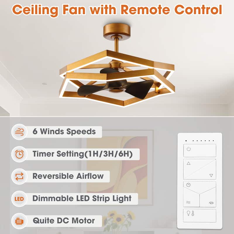 31" Antique Brass Geometric Dimmable Fandelier Caged Ceiling Fan with Light and Remote