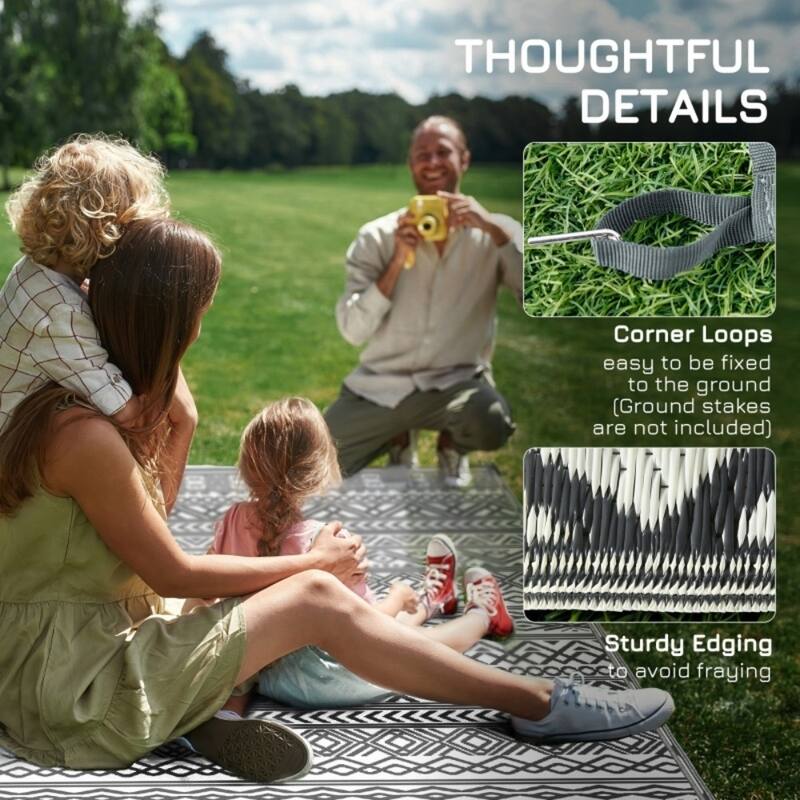 Reversible Outdoor Rug Boho Pattern, UV-Protected Foldable Polypropylene Mat with Carry Bag