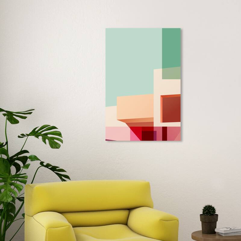 Wynwood Studio Canvas Architecture and Buildings Freeshape Building 13 Green and Pink Mid-Century Modern Wall Art Canvas Print - 30 x 20