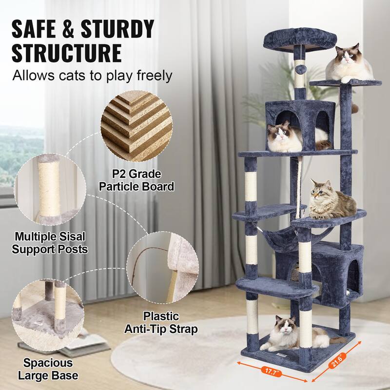 Cat Tree for Indoor Cats, 72" Cat Tower with 2 Cat Condos, Sisal Scratching Post, Hammock, Top Perch, Jumping Platforms