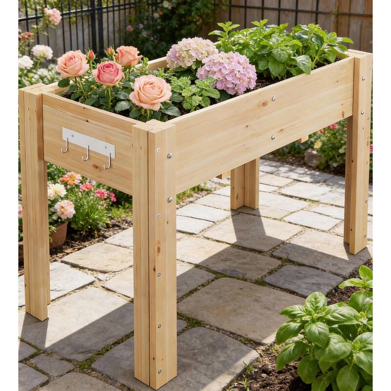 Elevated Wood Planter Box, with Hooks & Non-Woven Liner - Wood